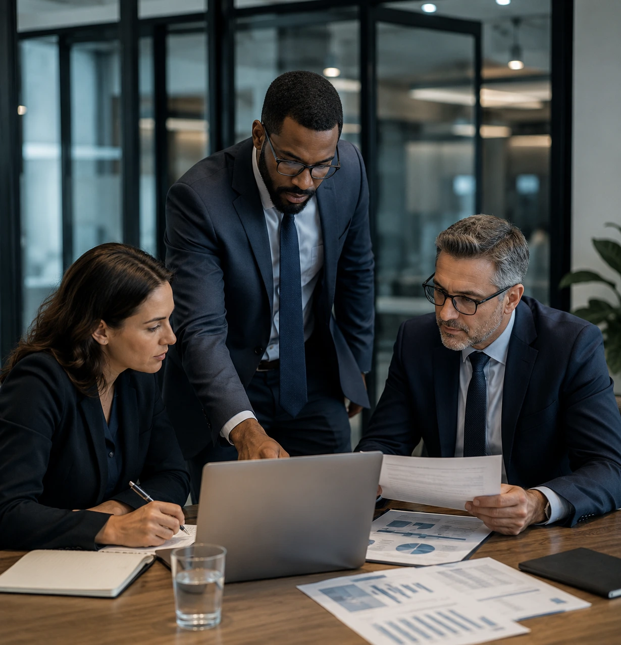 Business professionals reviewing compliance, governance and risk management documents