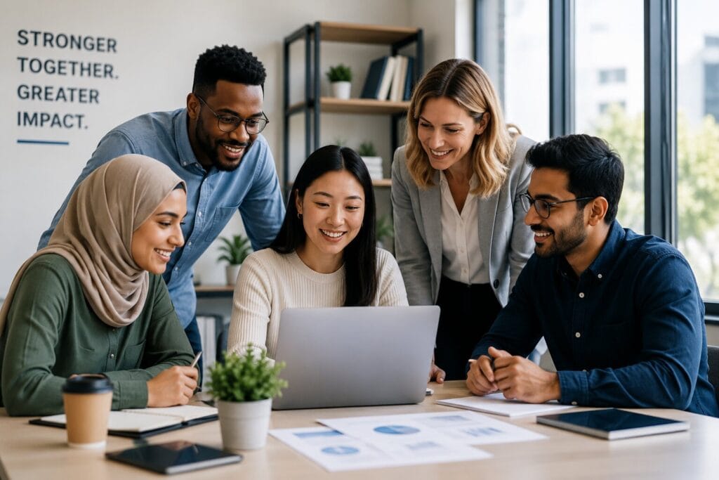Diverse professionals collaborating on practical solutions and measurable impact